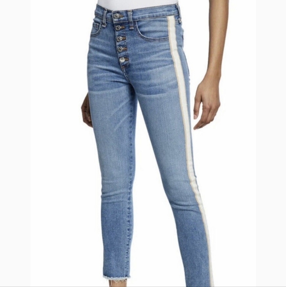 Veronica Beard Debbie Medium Blue Side-Stripe Raw Hem Jeans Size 26